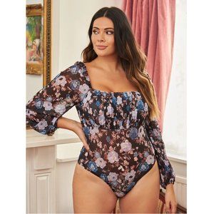 Shein - Square Neck Floral Print Bodysuit - 1X